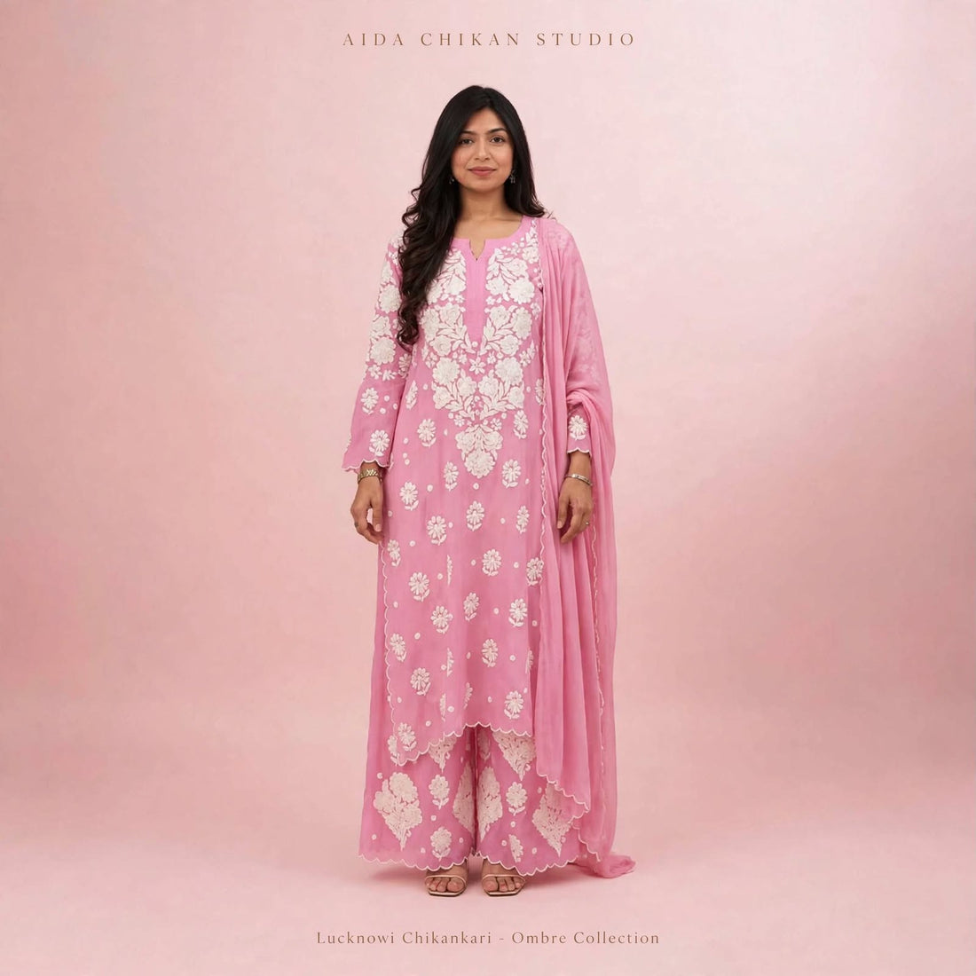 Pure maslin kurta ,bottom, dupatta set with finest hand embroidered chikankari