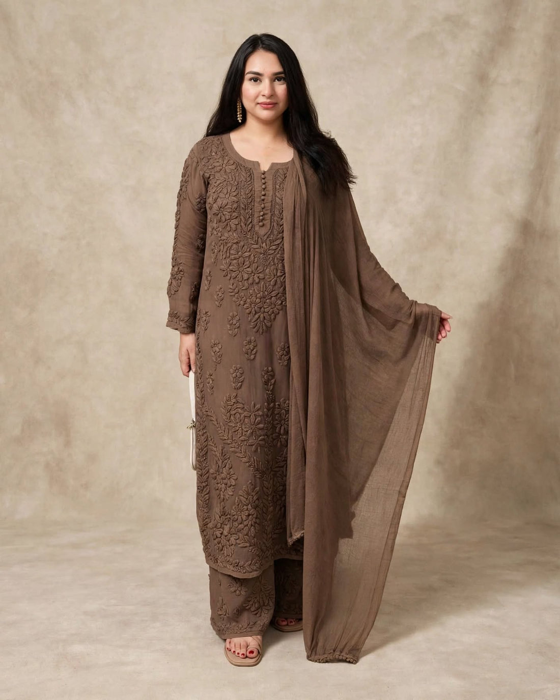 Premium viscose georgette kurta, plazoo, dupatta with finest hand embroidered chikankari.