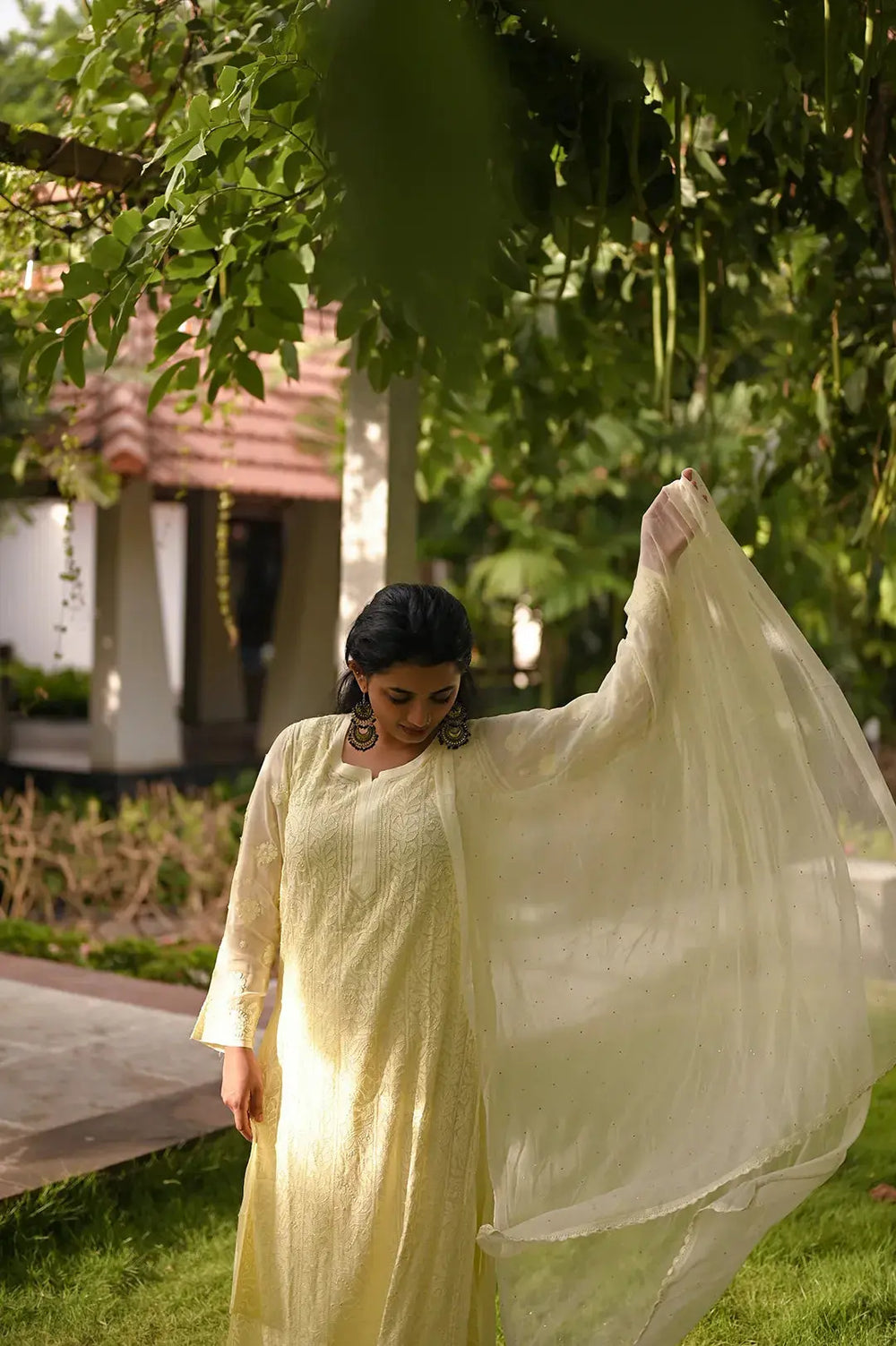 Premium viscose georgette kurta, plazoo, dupatta with finest hand embroidered chikankari