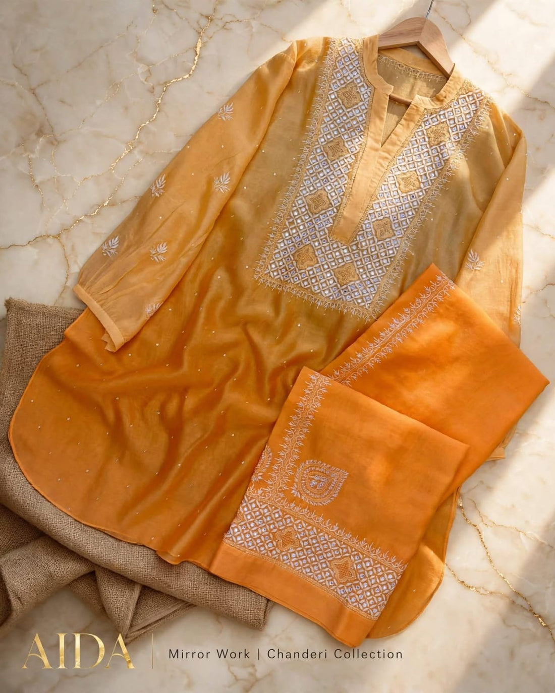 Pure chanderi silk kurta pant coord set embellished with sequin katdana n mirror work  Semi stitched